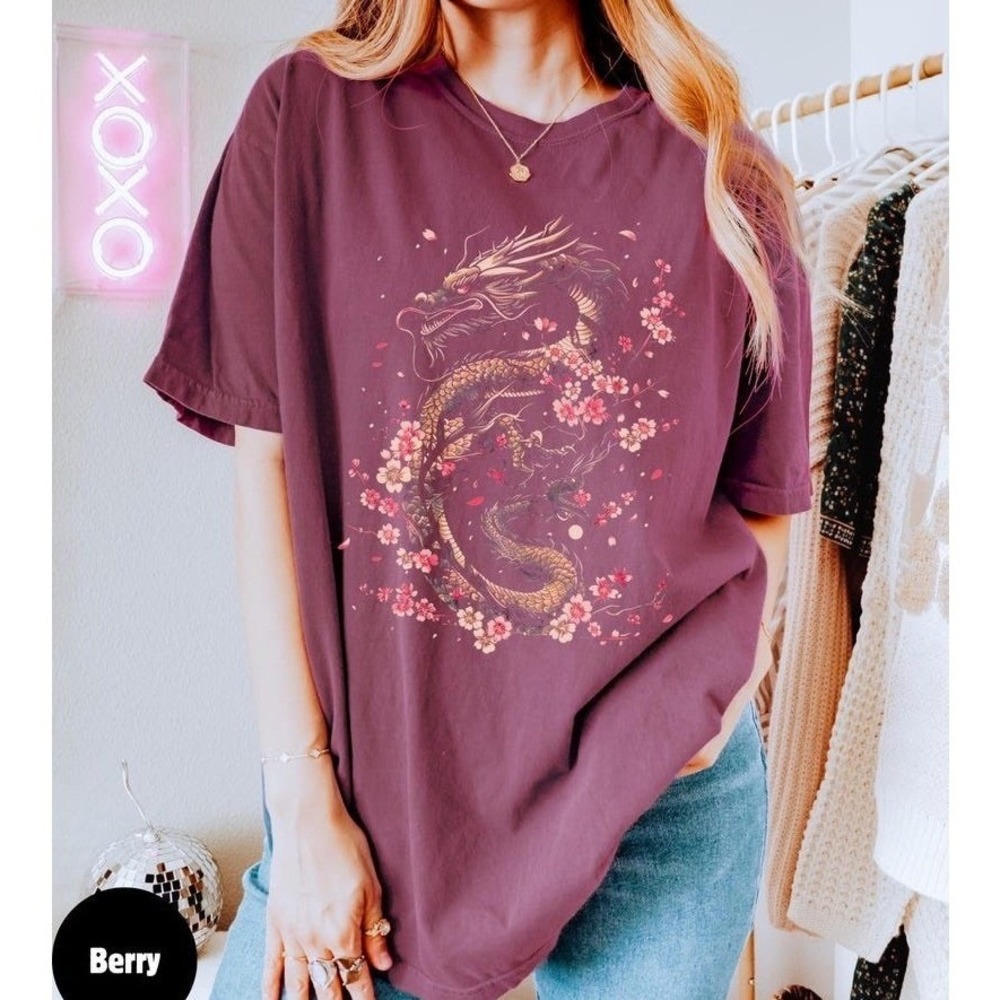 Comfort Colors Cherry Blossom Dragon Graphic Tee, Purple Medium | Sakura tattoo‎